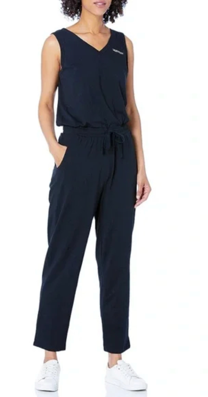 Calvin Klein Womens Navy Blue Jumpsuit Sleeveless Drawstring Waist Size Large